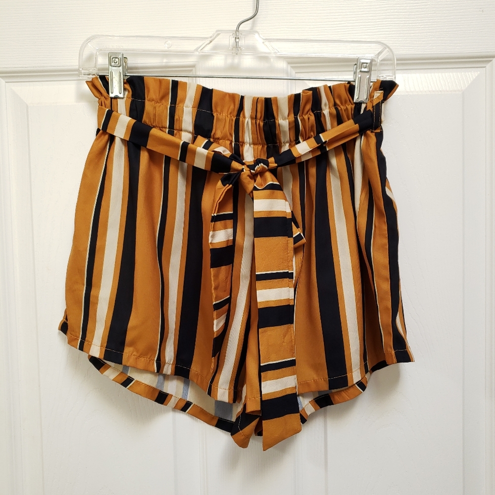 Shein Orange Navy Striped Paperbag Elastic High Waist Belted Shorts Wome…